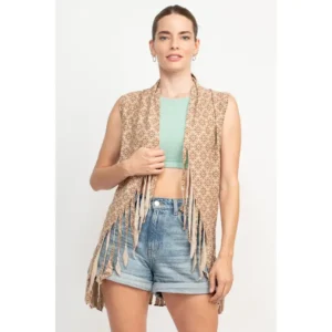 cutting edge om flower fringe vest