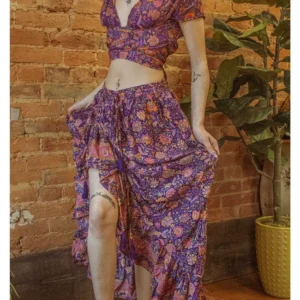 hippie boho silk cinch skirt, ruffle floral maxi skirt