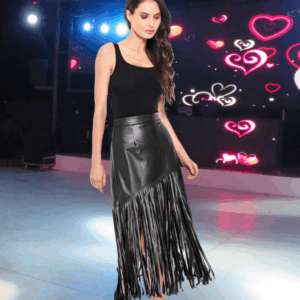 faux leather fringe midi skirt – black